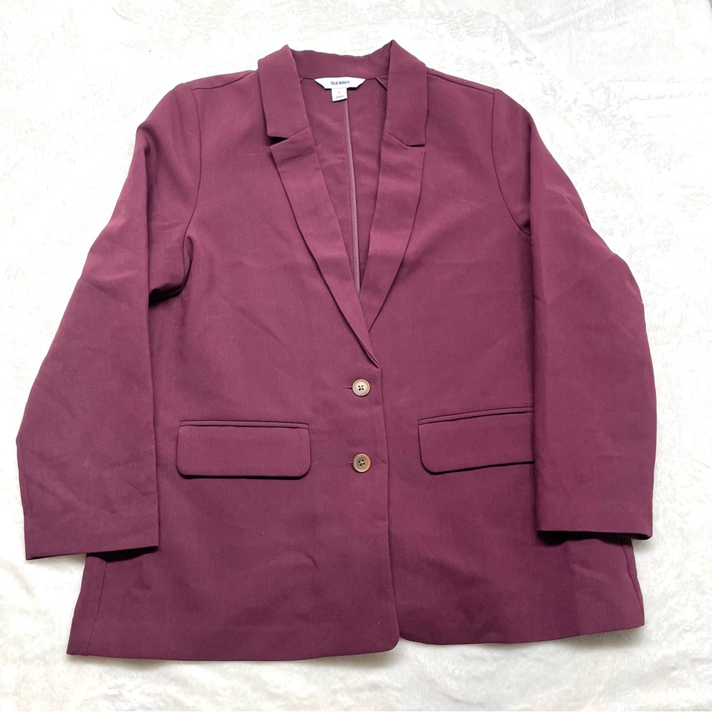 Old Navy Womans Classic Relaxed Suit Blazer Front Pockets 2 Button Sz L Burgundy